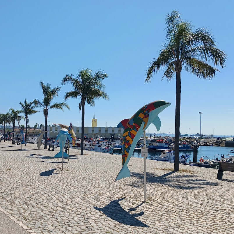 Colorful fish sculptures on a paved walkway with palm trees and a marina in the background.