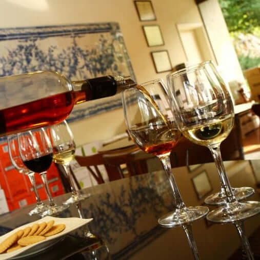 Person pouring wine into glasses with a scenic background