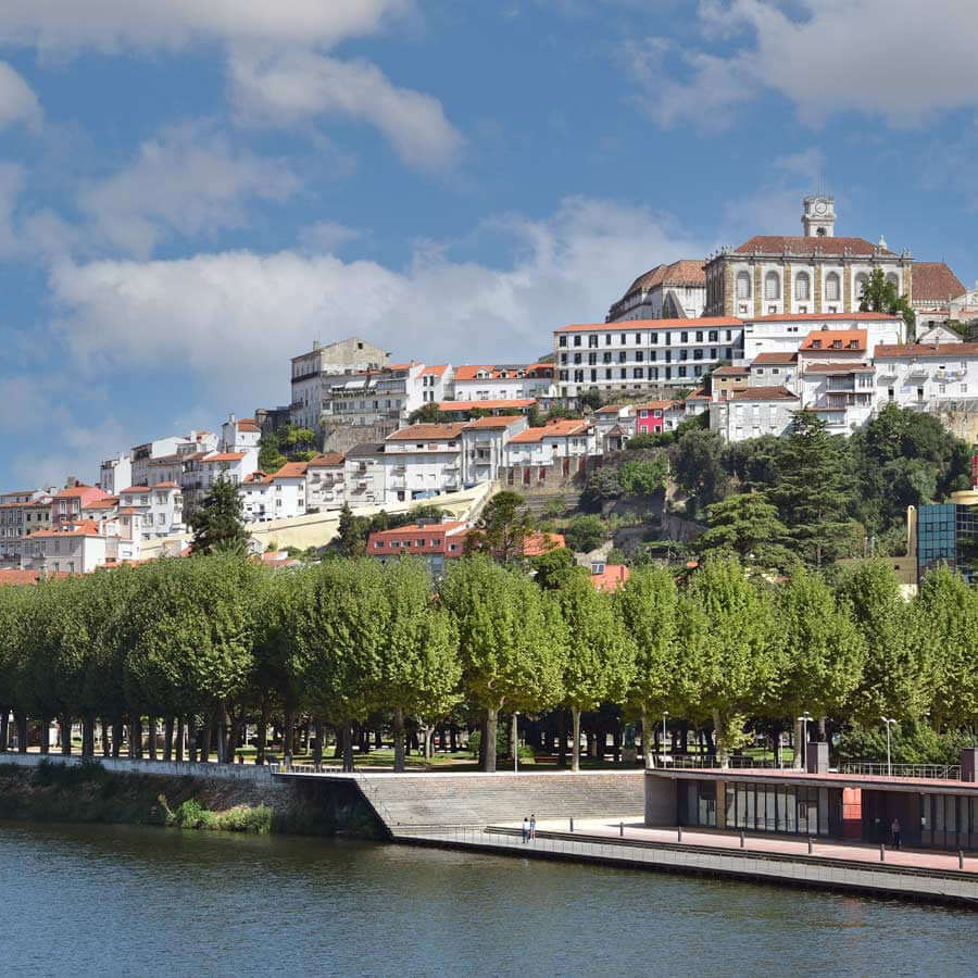 Cityscape with buildings on a hill overlooking a river
